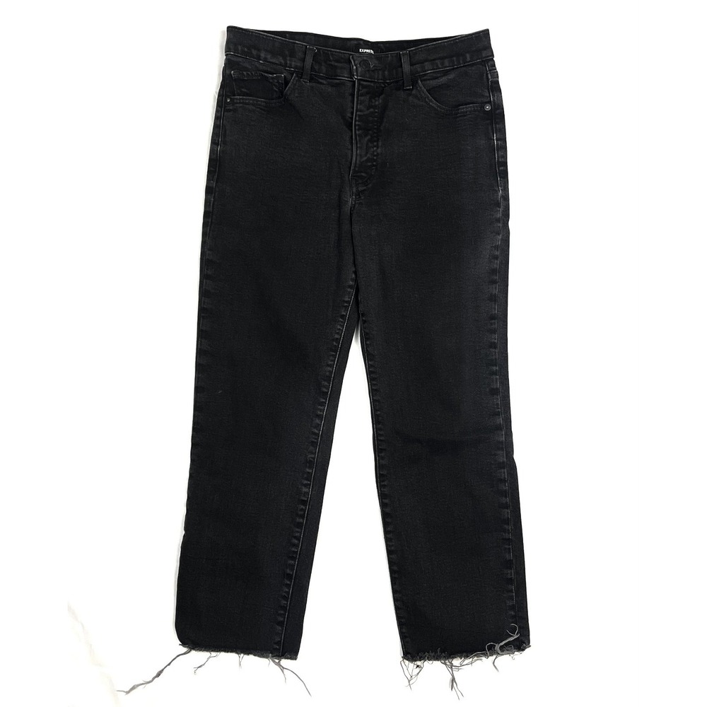 Express Women's 12R Black High Rise Straight Ankle Jeans Raw Hem Stretch Denim